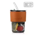 Bamboo-style glass coffee cup with brown leather sleeve and straw, 450ml capacity - Tall Full Set (Smoke Grey)