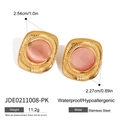 Golden ribbed square stainless steel earrings with pink cat eye stone inlay for women - Pink Cat Eye Stone Style (JDE0211008-PK)