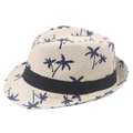 Cream straw fedora hat with blue palm tree prints and a black ribbon band for summer - 58cm / Beige