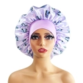 Light purple satin bonnet with black butterfly prints and wide elastic headband - 10898 Purple Butterfly