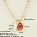 Golden titanium steel snake chain with white freshwater pearl and red nautilus pendant - Double Layer Pearl Shell (25280)