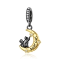 Detailed close-up of S925 sterling silver cat and moon charm with sparkling crystals - CCT125-Black Cat on Moon