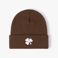 Dark brown knitted beanie with white clover embroidery for warmth in winter casual style - One Size / Embroidered White Clover / Coffee