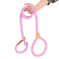 Pink braided nylon slip lead for small dogs with durable brown leather reinforcement - Pink