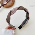 Brown and beige houndstooth braided headband with a twisted design for women - 220824 Twisted Style / Coffee Houndstooth