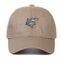 Close-up of a khaki cotton baseball cap featuring detailed grey shark embroidery - Adjustable / Khaki