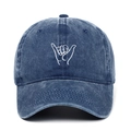 Navy blue washed cotton baseball cap with white Shaka sign gesture embroidery - One Size / Washed Dark Blue