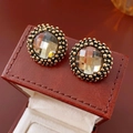 Vintage gold champagne checkerboard crystal stud earrings on brown leather box - Silver Earring Post Clear Crystal Woven Border Stud Earrings