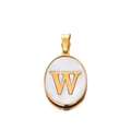 Detail of a 22mm golden oval pendant with letter W and white mother of pearl inlay - Gold Letter W