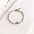 Zilveren roestvrijstalen tennisarmband met roze rechthoekige steen en witte kristallen - Stijl met roze hoofdsteen / Staal + Roze Zirkonia