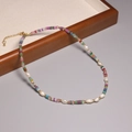 2mm natural tourmaline necklace with rainbow beads and pearl accents in golden finish - XL0053 Mixed Color Beads and Pearl