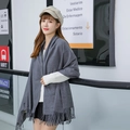 Elegant thick grey cashmere scarf with tassels shown on model for winter styling - Tassel Style / 220g (200x70cm) / Heather Grey