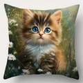 Kissenbezug aus Leinen mit niedlicher brauner Tigerkatze und weißen Gänseblümchen-Illustration - Stil 5 / 45*45cm (Ohne Kern)