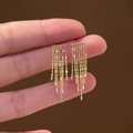 French vintage golden tassel earrings featuring multi-layered metal bead chains - 925 Silver Needle / Gold