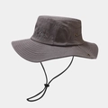 Detail of dark grey camo sun hat featuring peak embroidery and adjustable windproof rope - M (56-58cm) / Gray