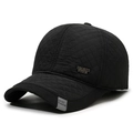 Insulated black quilted baseball cap for men with ear protection and metal sports badge - Adjustable / Black