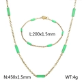 Gold titanium steel necklace and bracelet set with green cylindrical stone beads - Necklace / Gold (Green Beads)