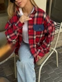 Women's vintage oversized red and black plaid shirt jacket with contrast blue pocket detail - S / Red
