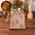 Lighted wooden Christmas house hanging ornament with warm LED light and snow roof decor - Style D Glowing Small Wooden Cabin (P-Z82)