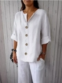 Haut décontracté en lin blanc pour femme avec col en V et grands boutons élégants - White (4 Buttons)
