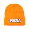 Close-up of bright orange knit beanie with white MAMA chenille embroidery texture - Orange Red