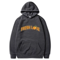 Dark gray hoodie with orange FRESH LOVE print and kangaroo pocket in size M - Dark Gray