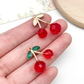 Sweet red cherry pendant with gold leaf and sparkling crystals for DIY jewelry making - KC Gold Transparent Red Resin Green Rhinestone Cherry (23419)
