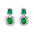 Elegant silver square drop earrings with emerald green stone and double halo of white diamonds - Emerald