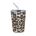 17oz leopard pattern rhinestone stainless steel tumbler with metal straw and lid - 500ml / Leopard Print