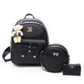 Set zaino 3 pezzi in pelle PU nera con fiocco decorativo e ciondolo a orso - Set nero da 3 pezzi con orso