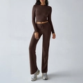 Y2K dark brown knitted two-piece set featuring long sleeve crop top and drawstring pants - S / Brown