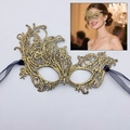 Elegant gold lace phoenix mask for Halloween parties featuring black satin ribbon ties - One Size / Gold Stamping