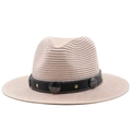 Detail of Panama straw hat with black leather band featuring vintage metal studs - Pink