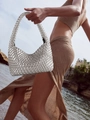 Silver metallic woven hobo bag with handcrafted leather texture and integrated handle - Shoulder Bag Set / Silver