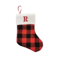 Christmas stocking with red and black buffalo plaid design and embroidered letter R - Letter R