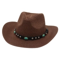 Chapeau de cowboy en paille marron avec turquoise et clous argentés sur cuir noir - Taille Unique(56-58cm) / café