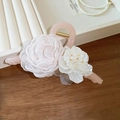 Dettaglio della molletta rosa con rosa in pizzo e fiori eleganti su sfondo decorativo - Fermaglio per Capelli Fiore Rosa