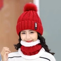 Red winter knit beanie with pompom and matching neck warmer set for women - Set / Red