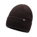 Dark brown ribbed knit beanie hat with a gold metal sports brand logo tag - Coffee
