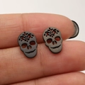 Gothic punk black stainless steel skull stud earrings with hollowed pattern for men and women - Black