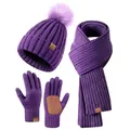 Purple winter set with knit beanie, long scarf, and touchscreen gloves in bright violet - Purple