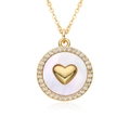 Minimalist gold heart pendant necklace featuring white mother of pearl and zircon stones - E181-Round Disc Heart Zirconia