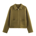 Giacca in maglia verde oliva con zip, colletto a punta e tasche anteriori - Taglia S / Top / Verde oliva