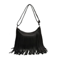 Sac fourre-tout minimaliste en cuir grainé noir avec longues franges et fermeture zippée - Noir