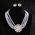 Detail of four-layer pearl necklace and earrings set with crystal flower centerpiece - Bright Silver