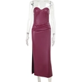 Sexy backless wine red faux leather tube maxi dress with side slit and waist pleats - S / Burgundy