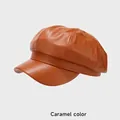 Chic caramel PU leather newsboy cap for women with textured octagonal crown design - One Size (54-58cm) / Caramel color
