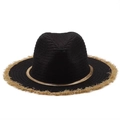 French style black straw sun hat with frayed edge and golden woven ribbon detail - M (56-58cm) / 04 Style (Black Fringe)