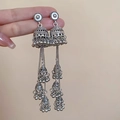 Ethnic style silver tassel earrings with tiered Jhumka bell charms and engraved details - Vintage Ethnic Bell Tassel (64#)