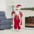 Standing Santa Claus doll in red velvet robe with reindeer patterns and gift bag - 120cm